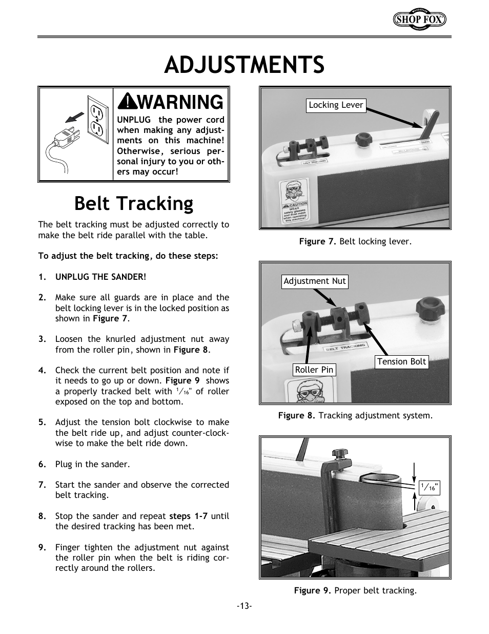 Adjustments, Belt tracking | Woodstock SHOP FOX W1717 User Manual | Page 15 / 30