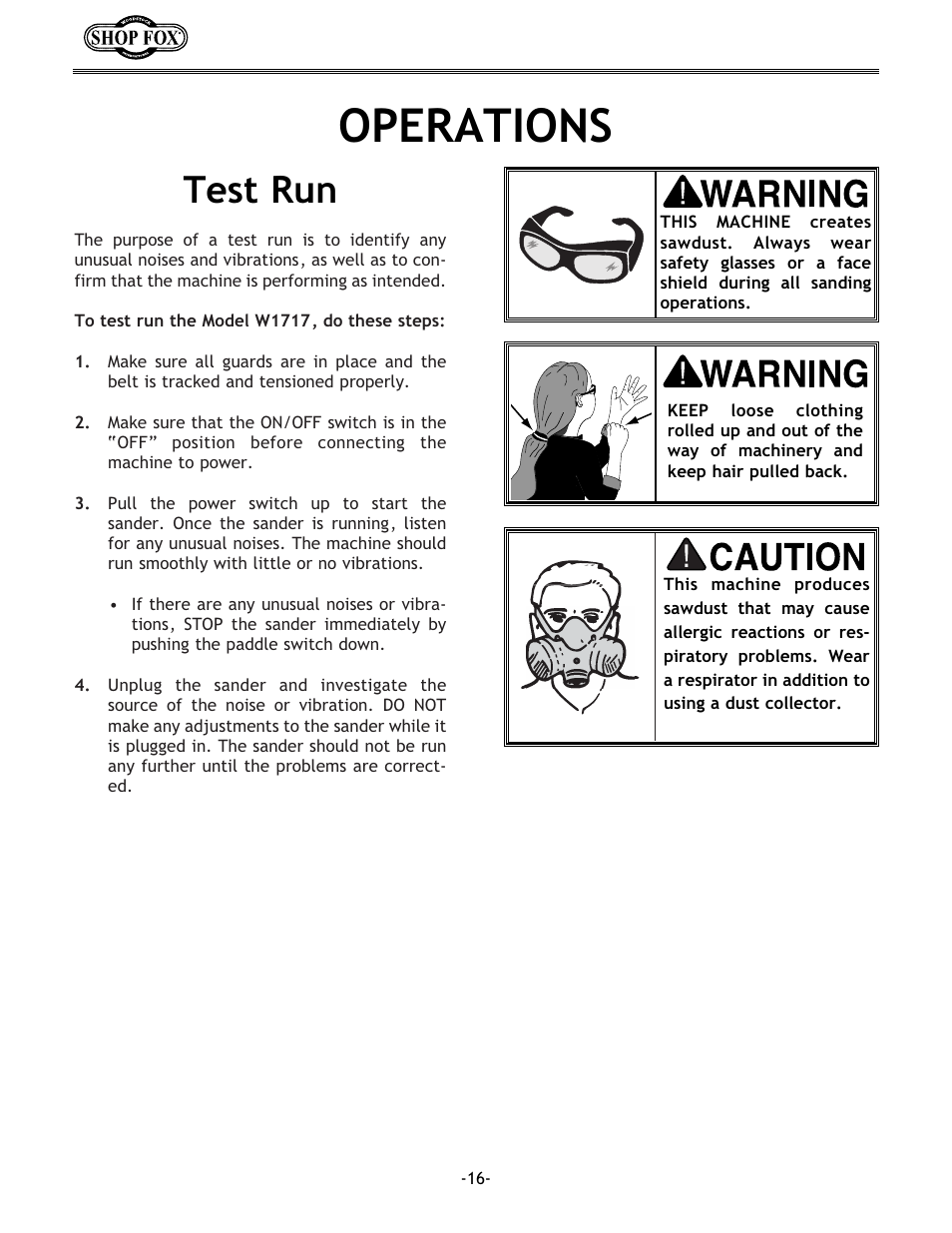 Operations, Test run | Woodstock SHOP FOX W1717 User Manual | Page 18 / 30