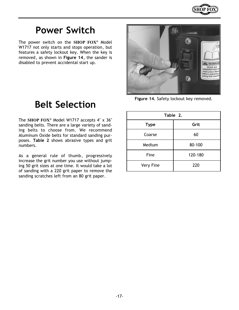 Belt selection power switch | Woodstock SHOP FOX W1717 User Manual | Page 19 / 30