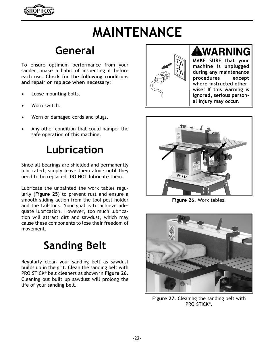 Maintenance, Sanding belt lubrication general | Woodstock SHOP FOX W1717 User Manual | Page 24 / 30