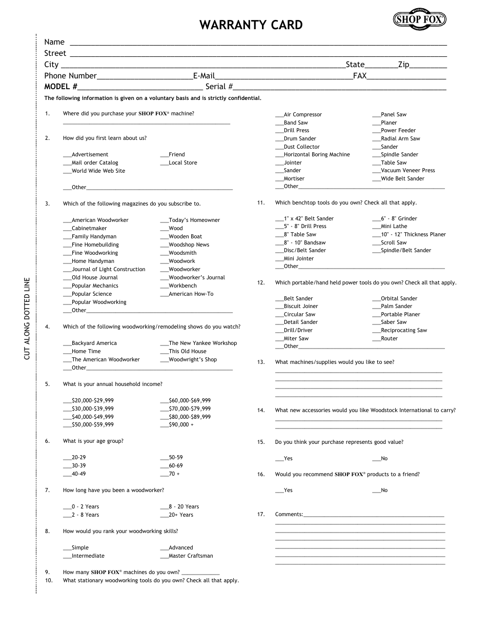 Warranty card, Cut along dotted line | Woodstock SHOP FOX W1717 User Manual | Page 29 / 30