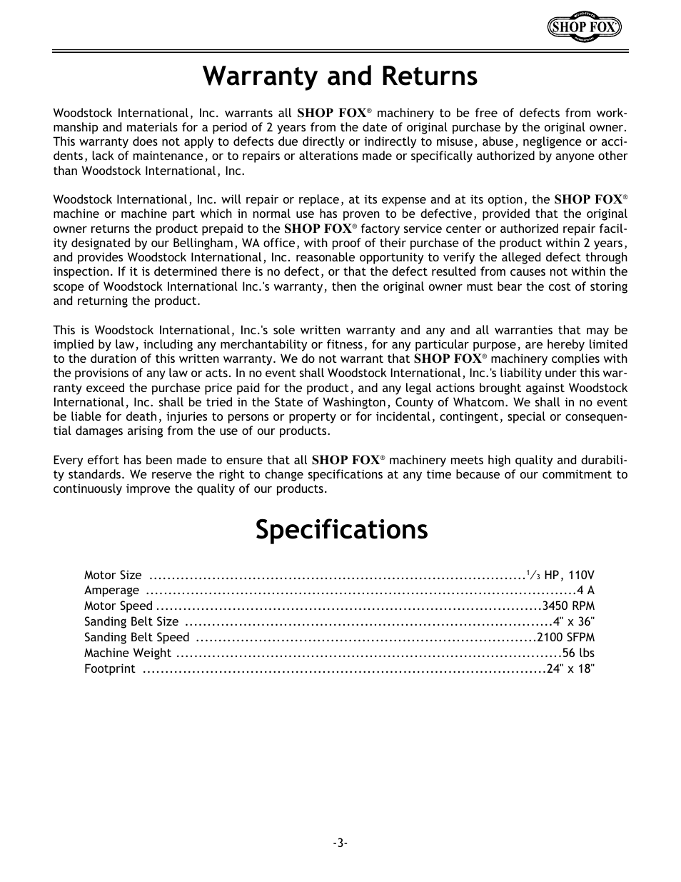 Specifications, Warranty and returns | Woodstock SHOP FOX W1717 User Manual | Page 5 / 30