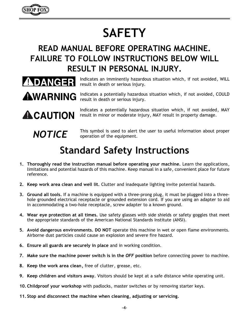 Safety, Notice standard safety instructions | Woodstock SHOP FOX W1717 User Manual | Page 6 / 30