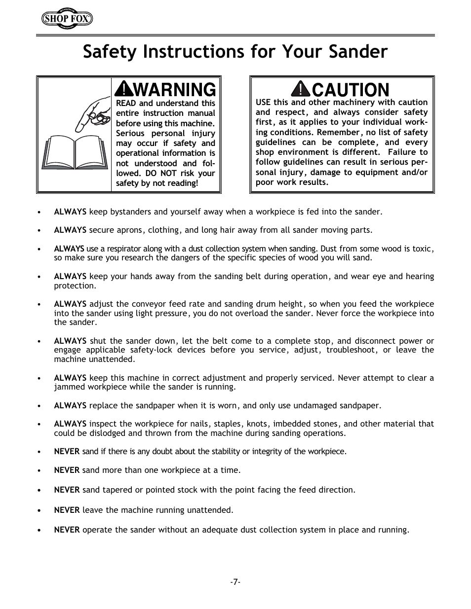 Safety instructions for your sander | Woodstock SHOP FOX W1717 User Manual | Page 9 / 30