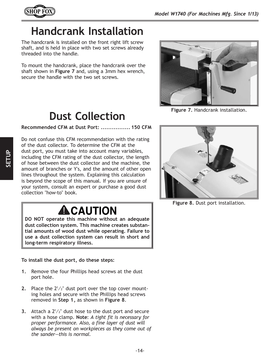 Handcrank.installation, Dust.collection | Woodstock SHOP FOX W1740 User Manual | Page 16 / 60