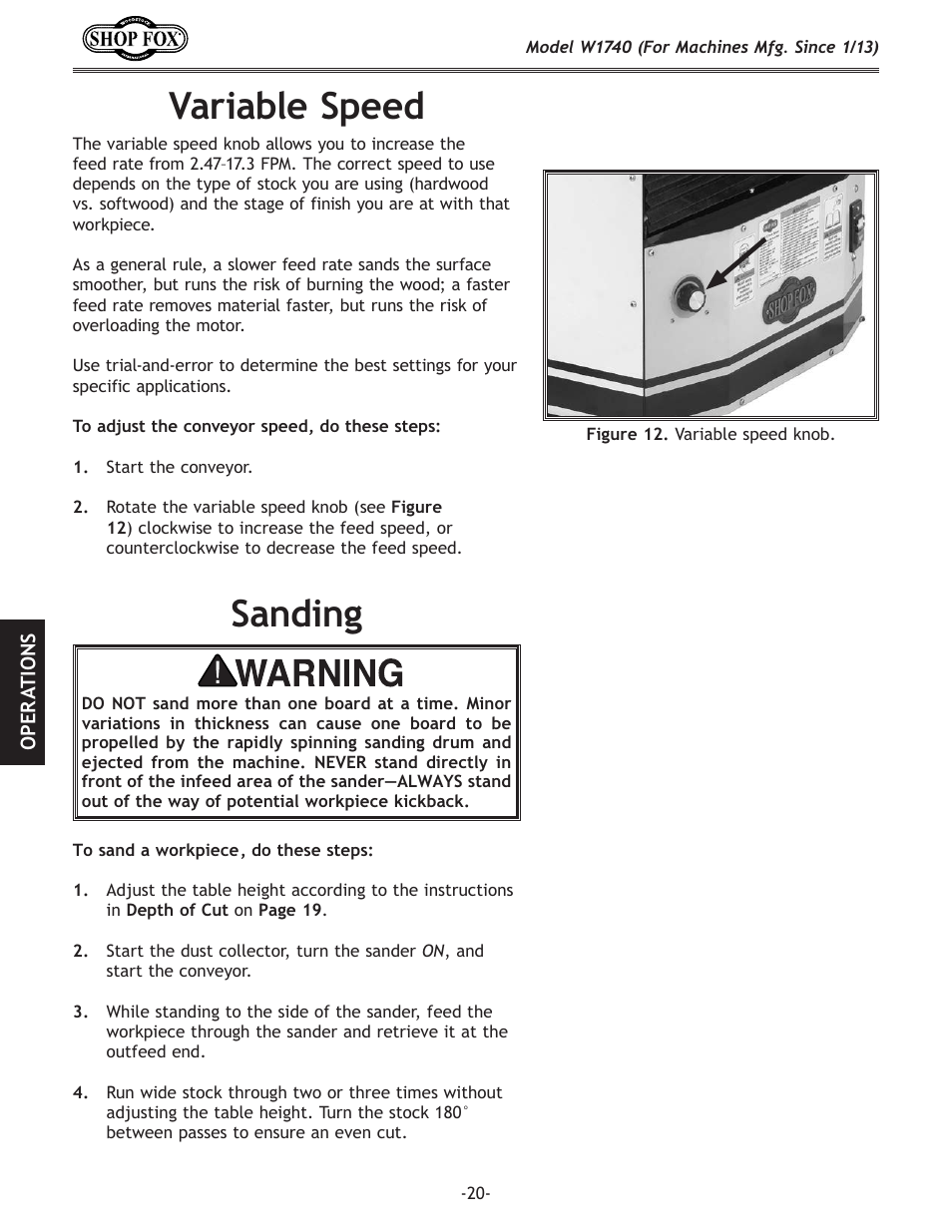 Variable.speed, Sanding | Woodstock SHOP FOX W1740 User Manual | Page 22 / 60