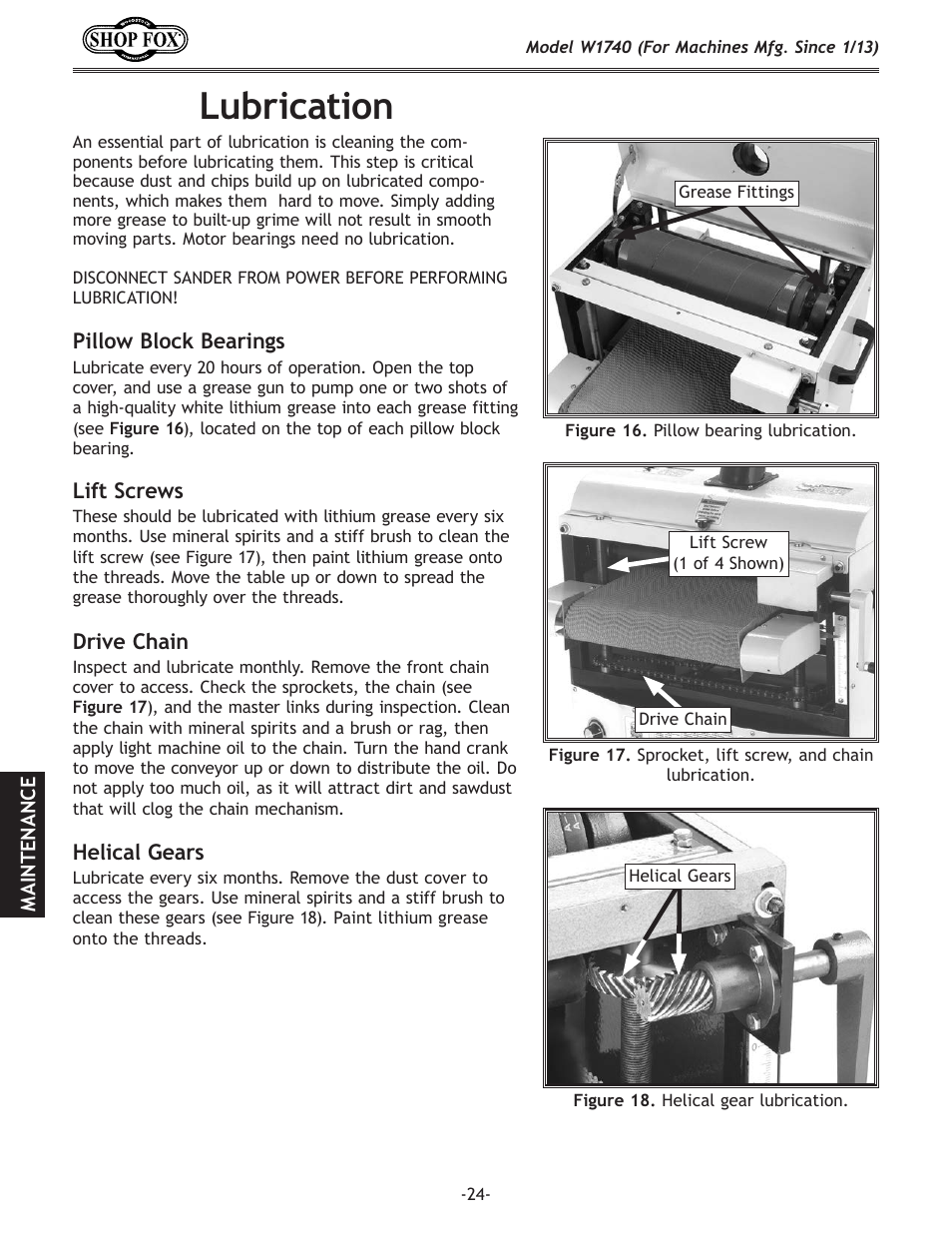 Lubrication | Woodstock SHOP FOX W1740 User Manual | Page 26 / 60
