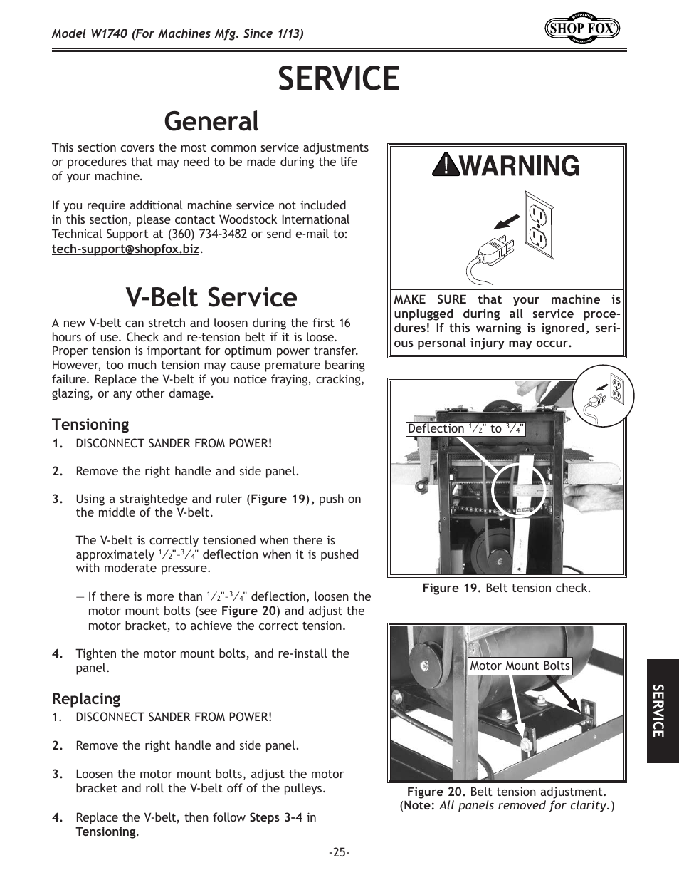 Service, General, V-belt.service | Tensioning, Replacing | Woodstock SHOP FOX W1740 User Manual | Page 27 / 60