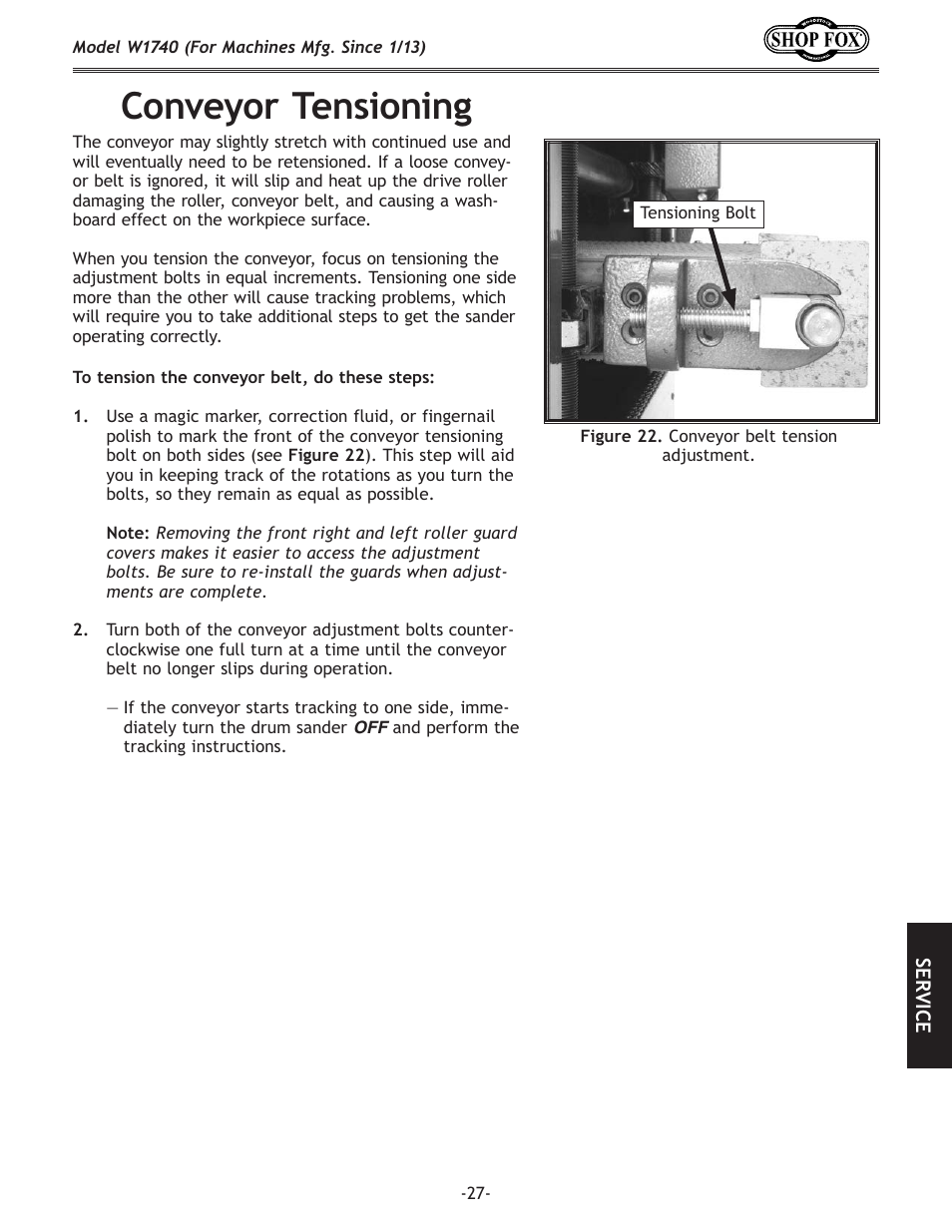 Conveyor.tensioning | Woodstock SHOP FOX W1740 User Manual | Page 29 / 60