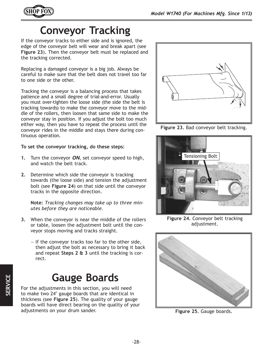 Conveyor.tracking, Gauge.boards | Woodstock SHOP FOX W1740 User Manual | Page 30 / 60