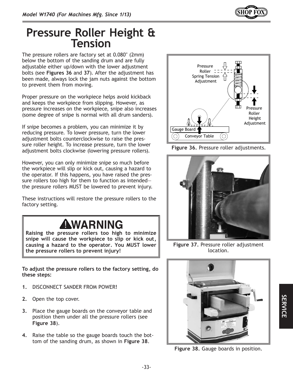 Pressure.roller.height.&. tension | Woodstock SHOP FOX W1740 User Manual | Page 35 / 60