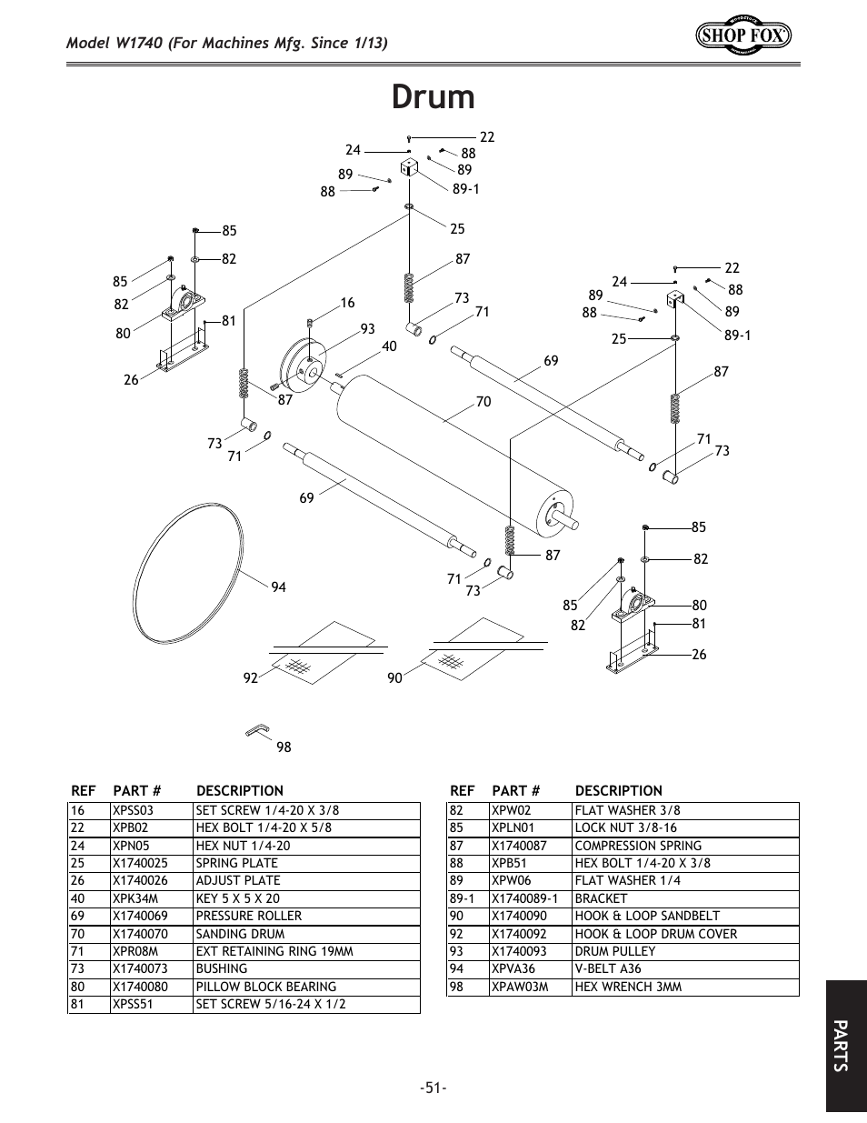 Drum, Pa rt s | Woodstock SHOP FOX W1740 User Manual | Page 53 / 60