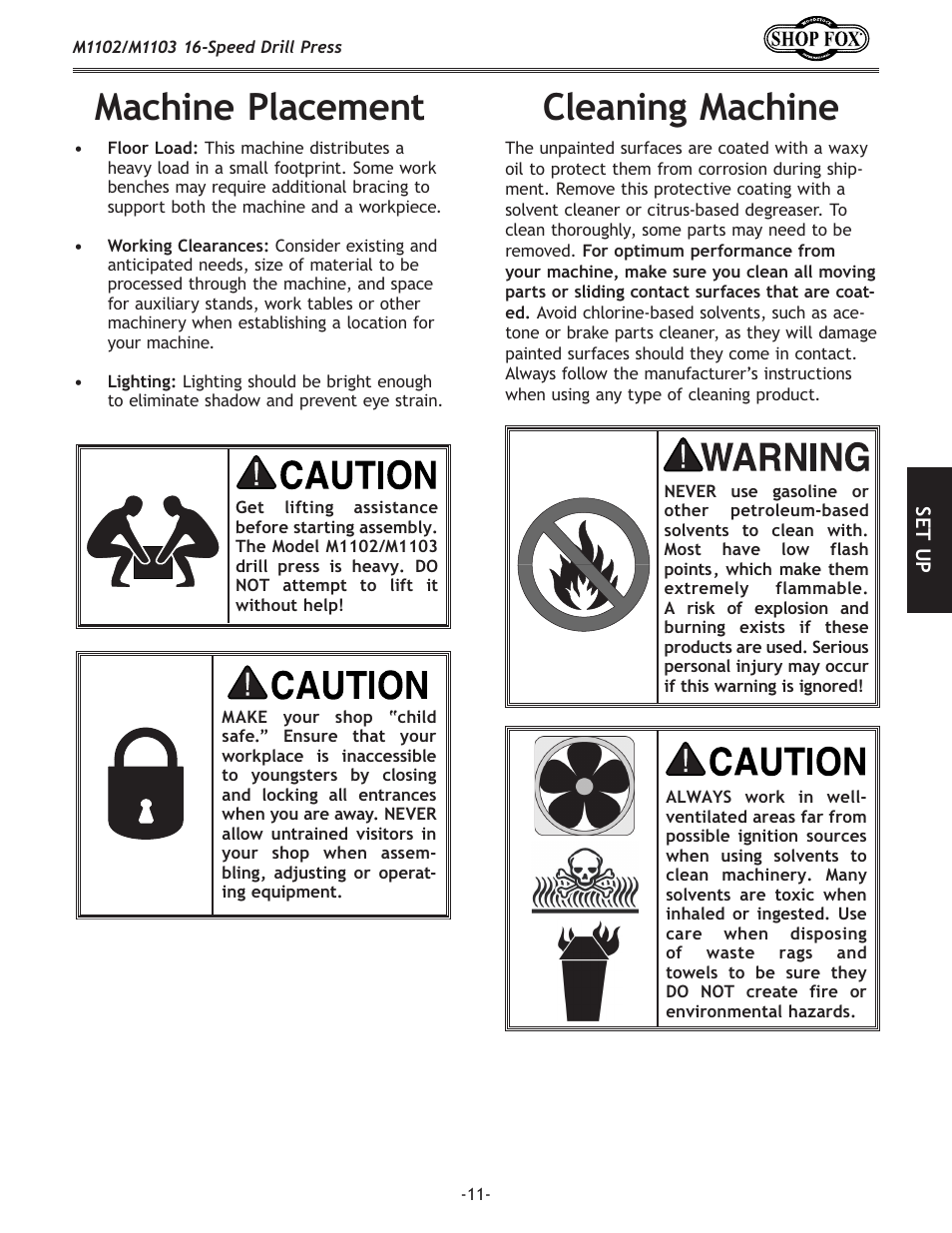 Cleaning machine, Machine placement | Woodstock SHOP FOX M1102 User Manual | Page 13 / 44