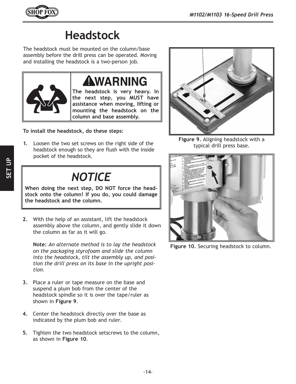 Headstock, Notice | Woodstock SHOP FOX M1102 User Manual | Page 16 / 44