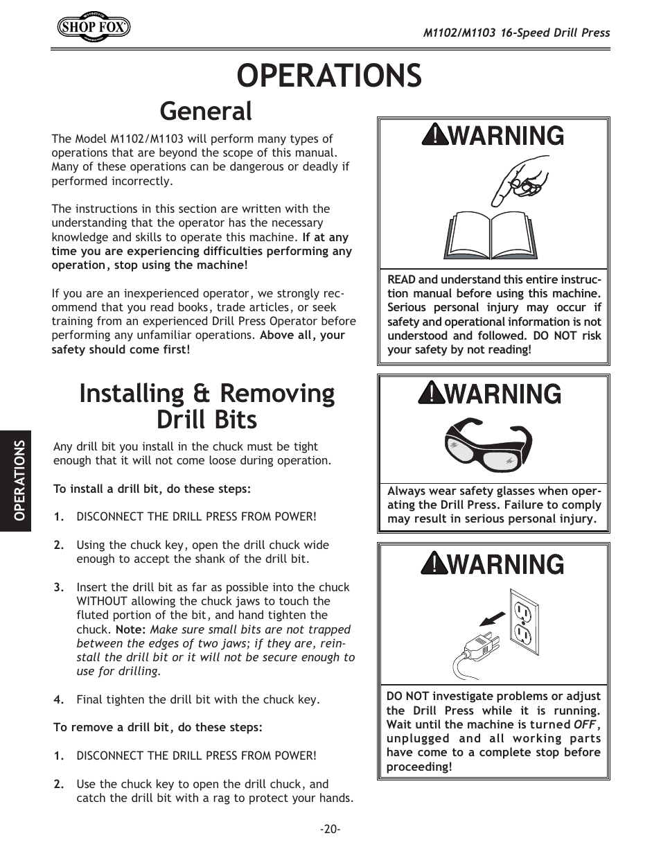 Operations, General, Installing & removing drill bits | Woodstock SHOP FOX M1102 User Manual | Page 22 / 44