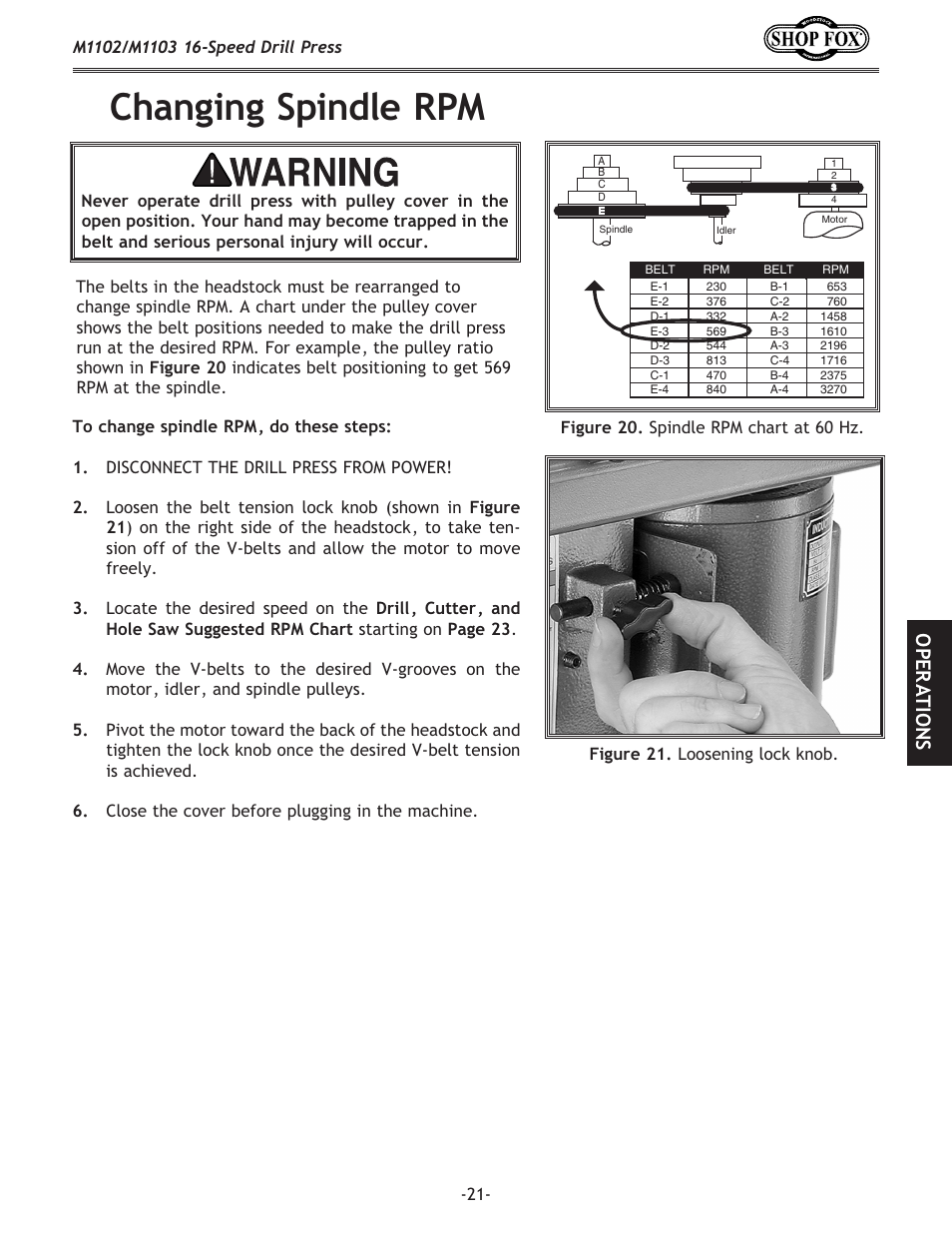 Changing spindle rpm, Ope r at io n s | Woodstock SHOP FOX M1102 User Manual | Page 23 / 44
