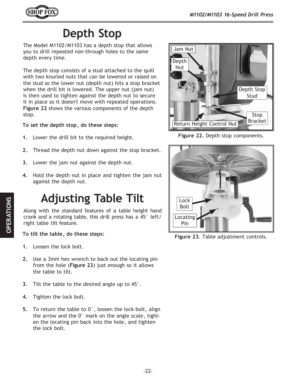 Depth stop, Adjusting table tilt | Woodstock SHOP FOX M1102 User Manual | Page 24 / 44