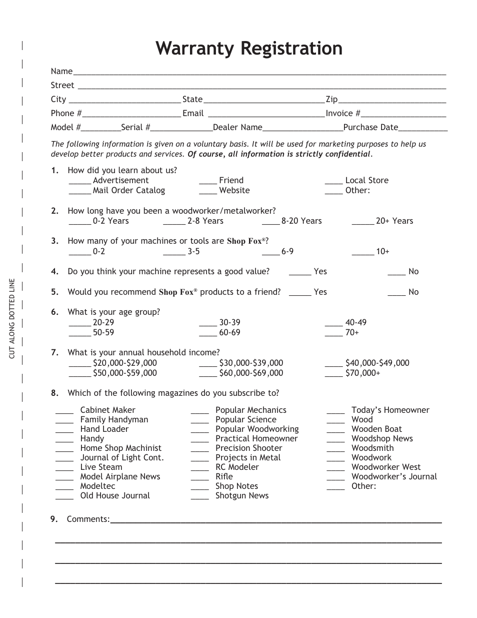Warranty registration | Woodstock SHOP FOX M1102 User Manual | Page 42 / 44