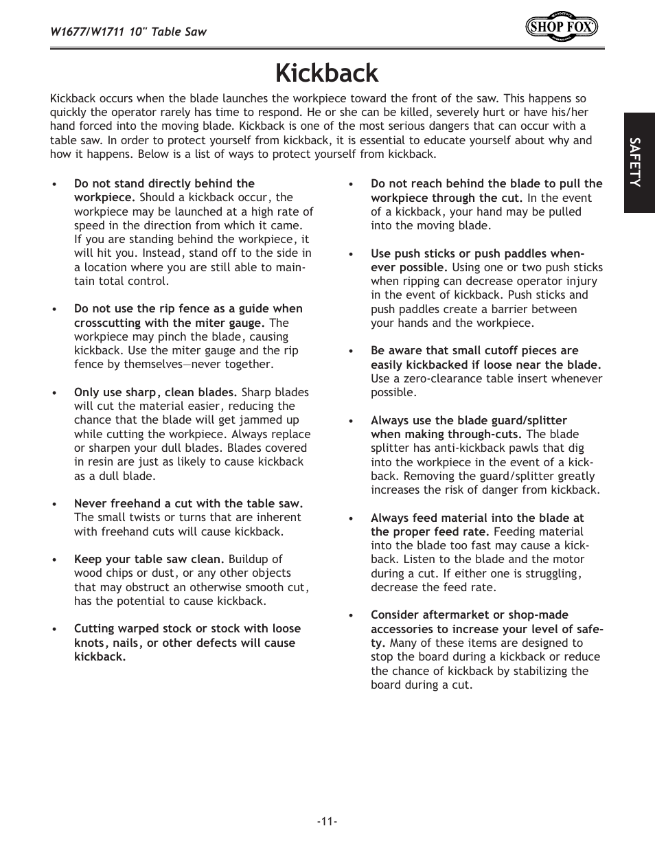 Kickback | Woodstock SHOP FOX W1677 User Manual | Page 13 / 64