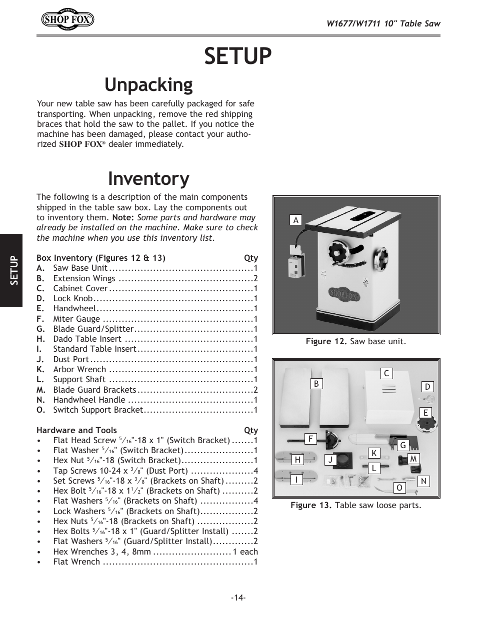 Setup, Unpacking, Inventory | Se tu p | Woodstock SHOP FOX W1677 User Manual | Page 16 / 64