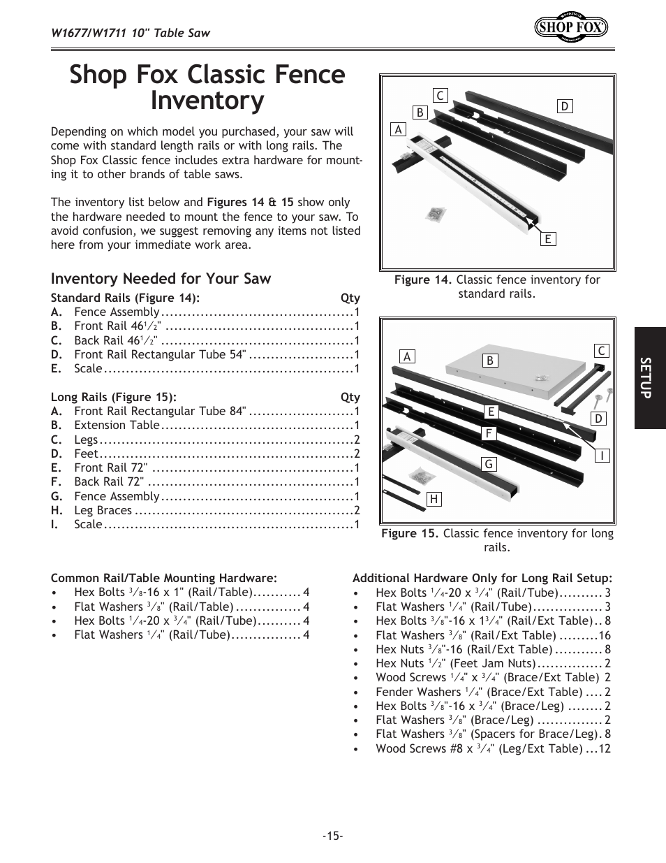 Shop fox classic fence inventory, Inventory needed for your saw, Se tu p | Woodstock SHOP FOX W1677 User Manual | Page 17 / 64