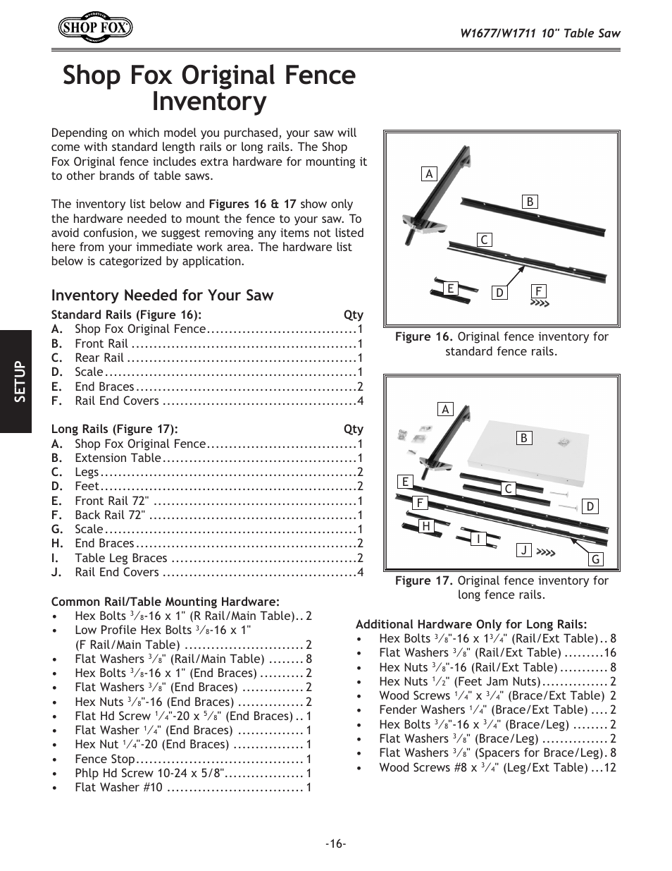 Shop fox original fence inventory, Inventory needed for your saw, Se tu p | Woodstock SHOP FOX W1677 User Manual | Page 18 / 64