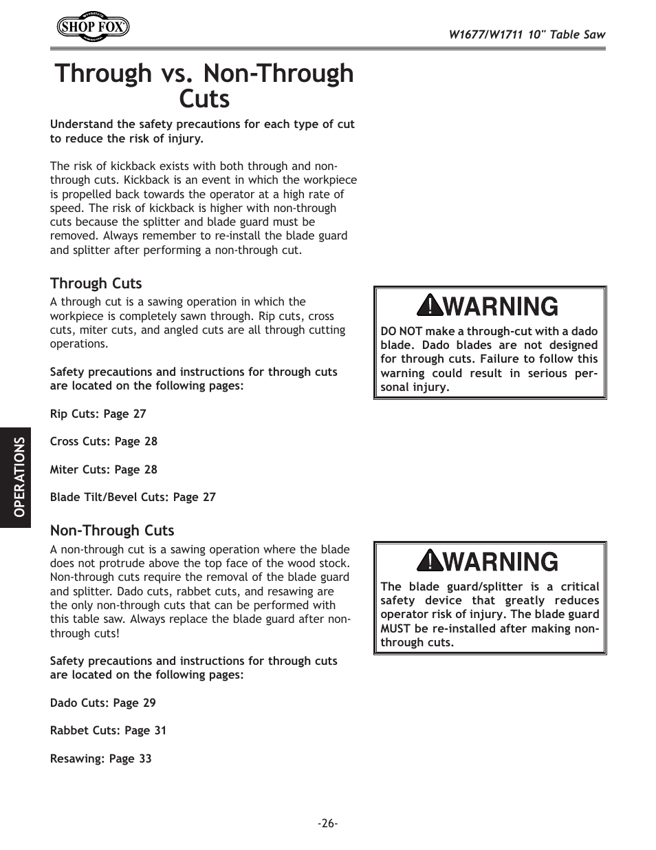 Through vs. non-through cuts | Woodstock SHOP FOX W1677 User Manual | Page 28 / 64