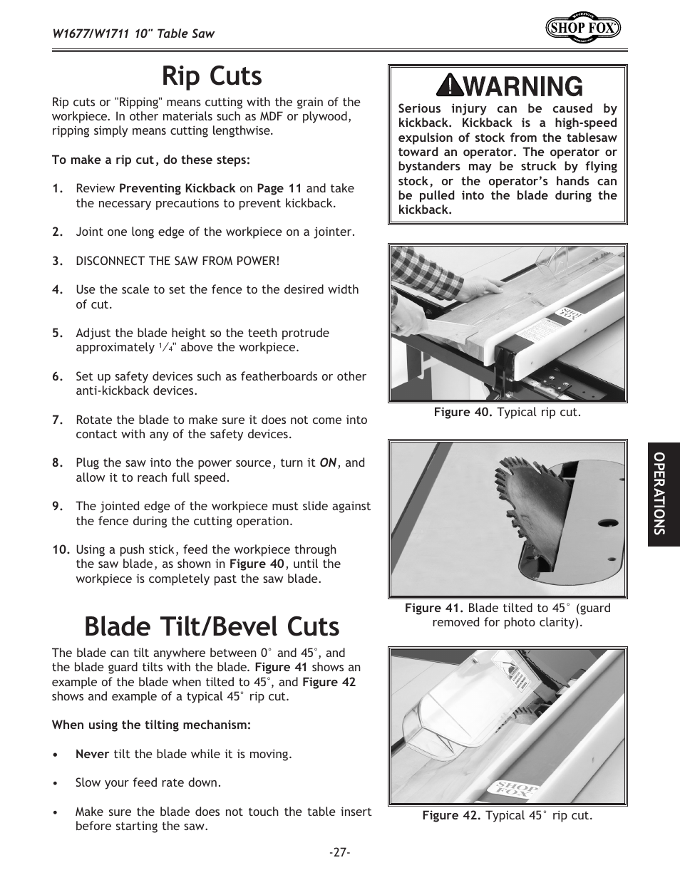 Rip cuts, Blade tilt/bevel cuts | Woodstock SHOP FOX W1677 User Manual | Page 29 / 64