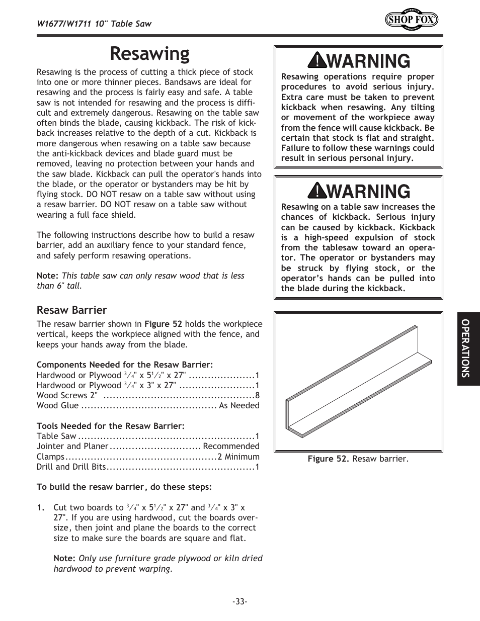 Resawing, Resaw barrier, Ope r at io n s | Woodstock SHOP FOX W1677 User Manual | Page 35 / 64