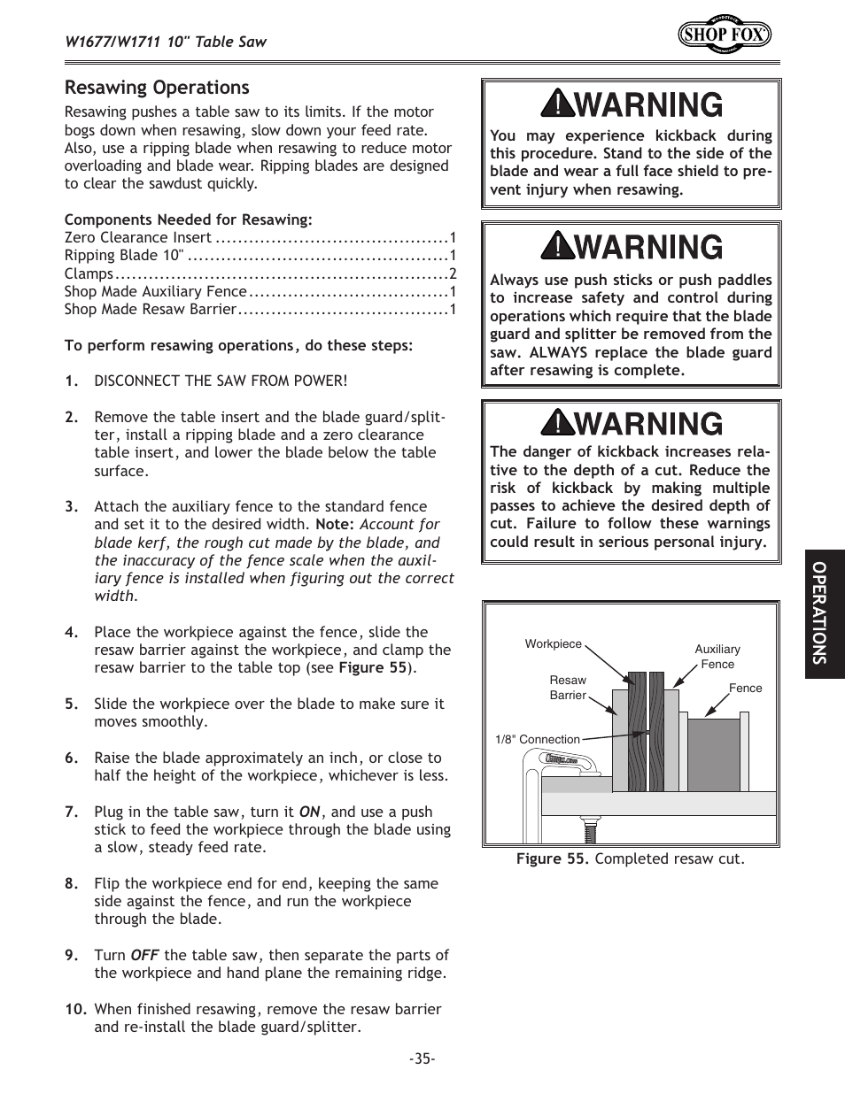 Resawing operations | Woodstock SHOP FOX W1677 User Manual | Page 37 / 64