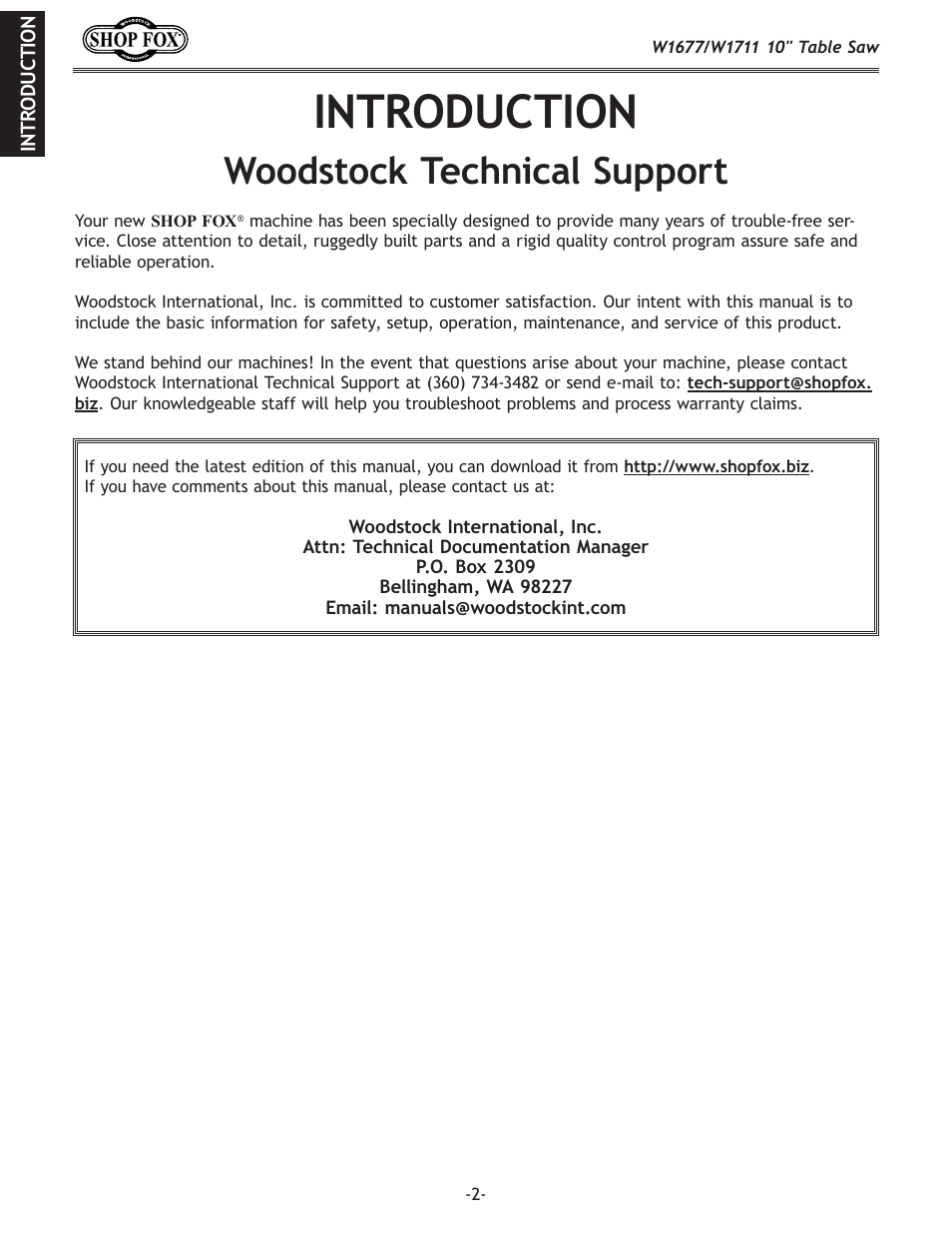 Introduction, Woodstock technical support | Woodstock SHOP FOX W1677 User Manual | Page 4 / 64