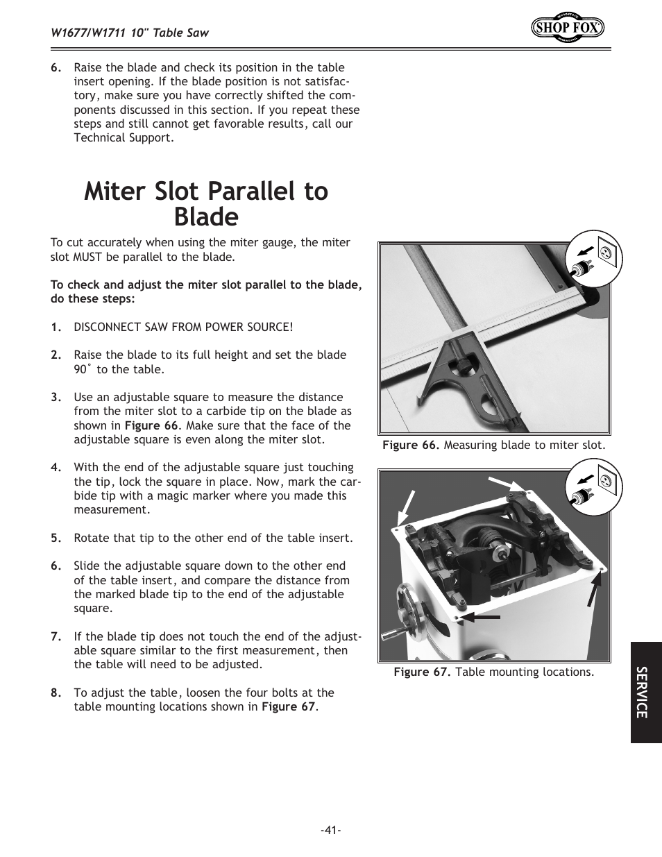 Miter slot parallel to blade | Woodstock SHOP FOX W1677 User Manual | Page 43 / 64