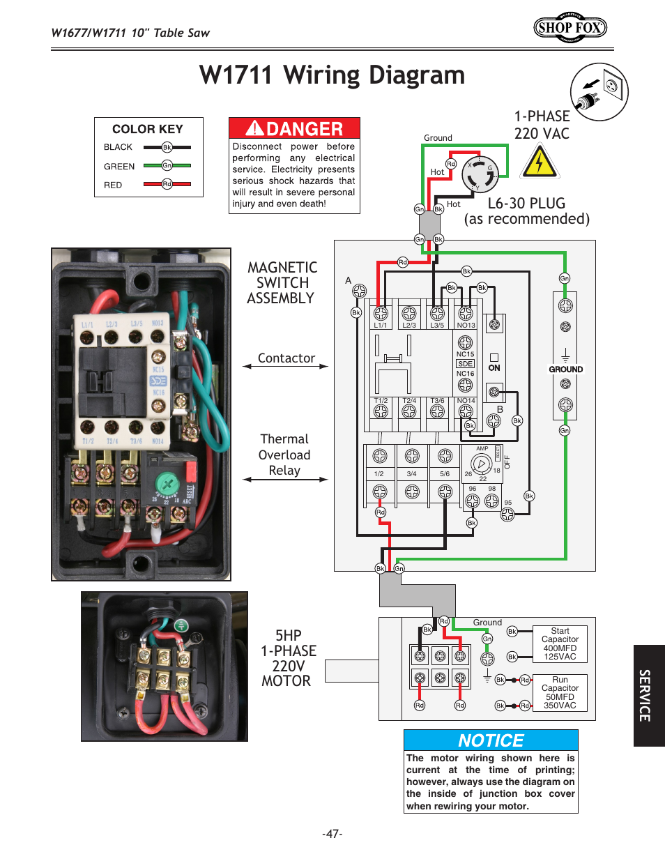 W1711 wiring diagram, Se rv ic e | Woodstock SHOP FOX W1677 User Manual | Page 49 / 64