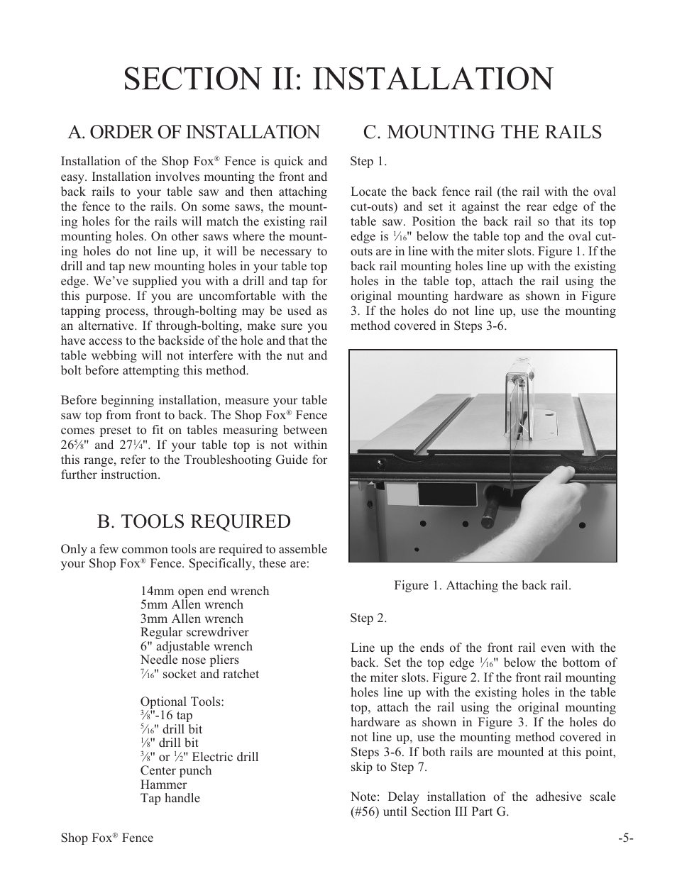 C. mounting the rails, A. order of installation, B. tools required | Woodstock Shop Fox Fence W1410 User Manual | Page 6 / 29
