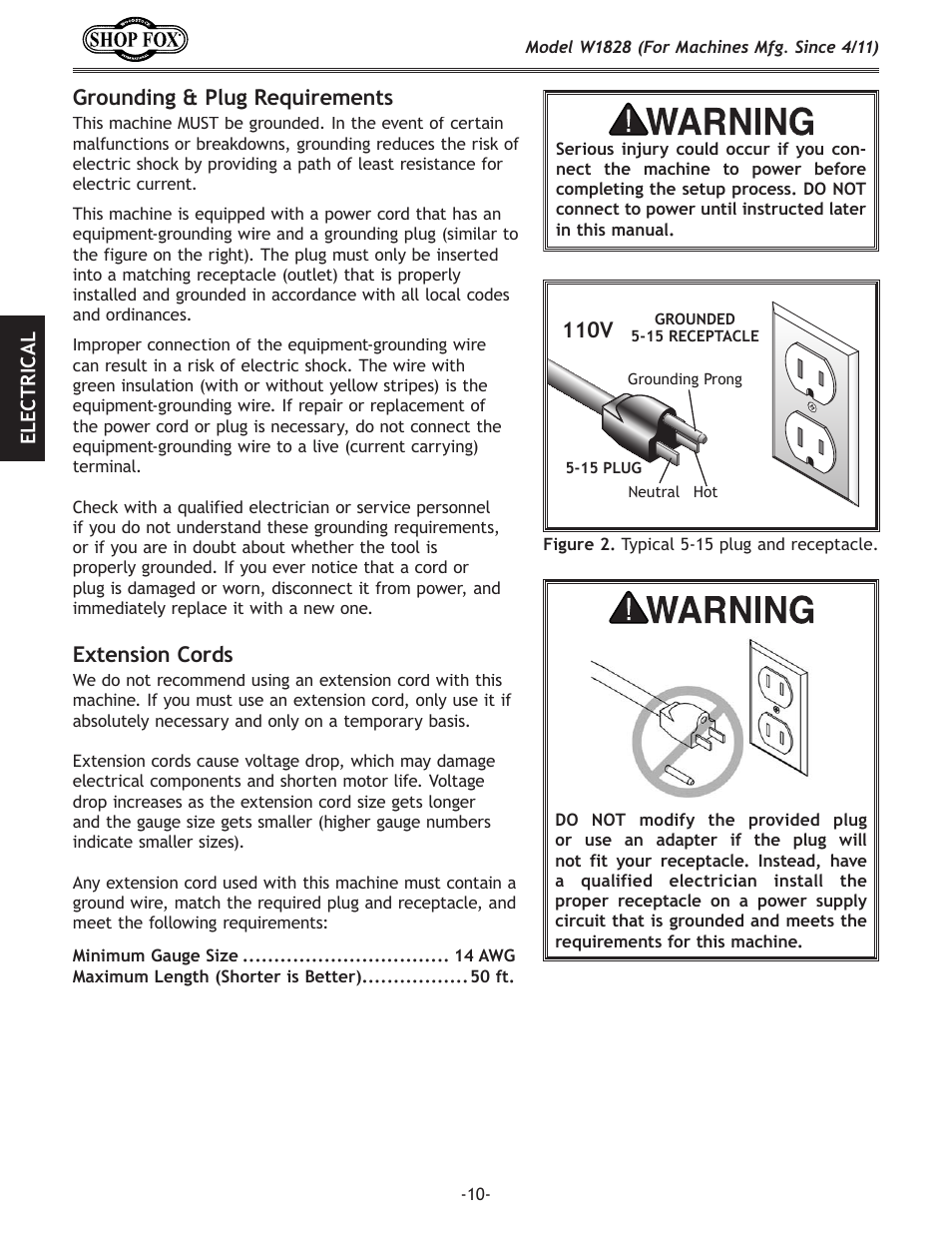Grounding & plug requirements, 110v, Extension cords | Woodstock W1828 User Manual | Page 12 / 36