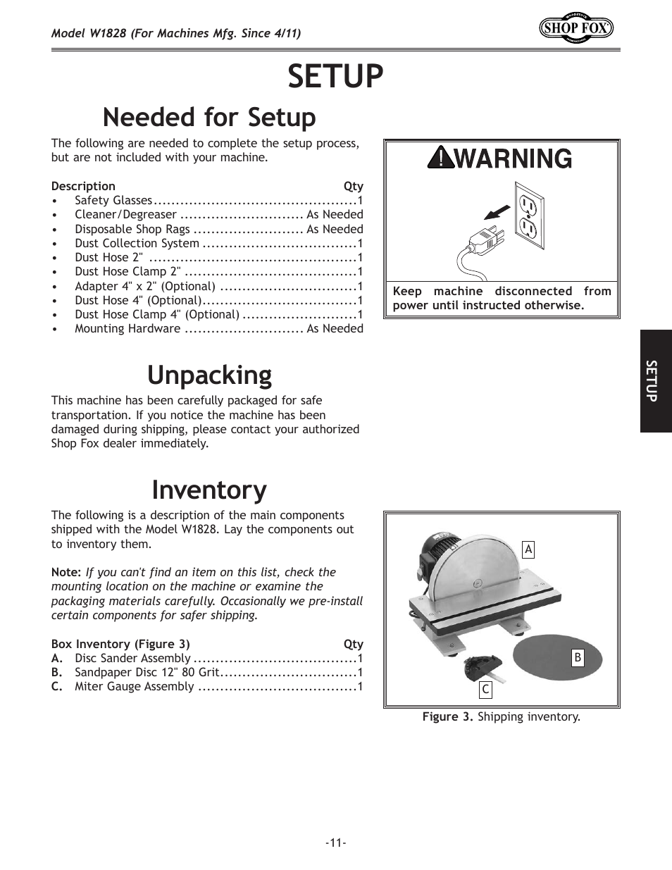 Setup, Unpacking, Inventory | Needed for setup | Woodstock W1828 User Manual | Page 13 / 36