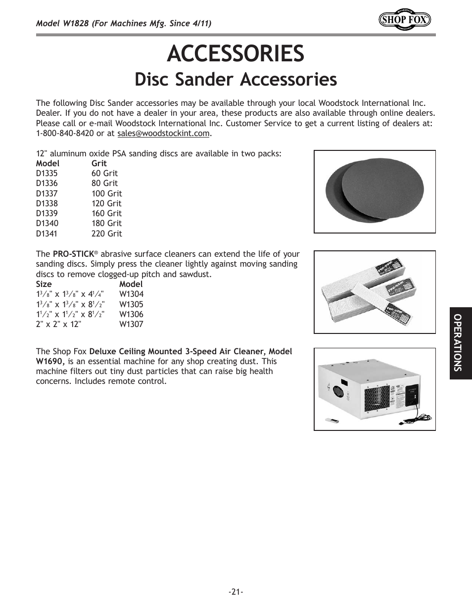 Accessories, Disc sander accessories, Ope r atio ns | Woodstock W1828 User Manual | Page 23 / 36