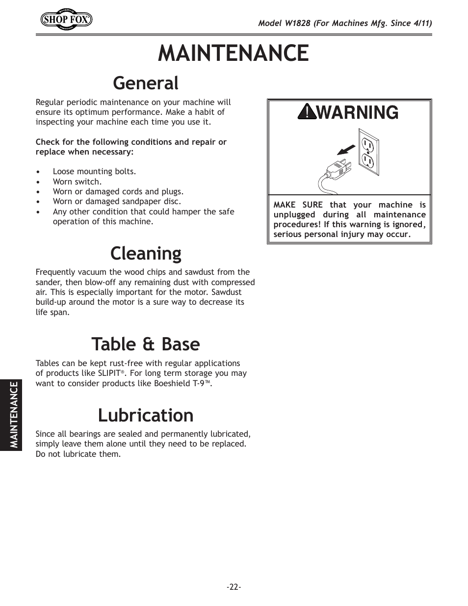 Maintenance, Lubrication, Table & base | Cleaning, General | Woodstock W1828 User Manual | Page 24 / 36