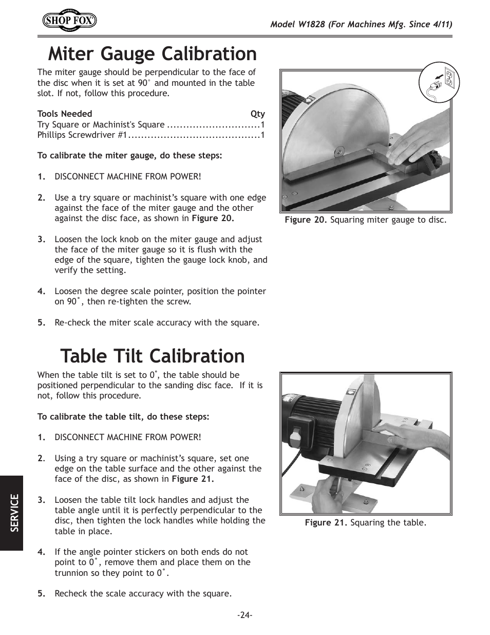 Miter gauge calibration, Table tilt calibration | Woodstock W1828 User Manual | Page 26 / 36