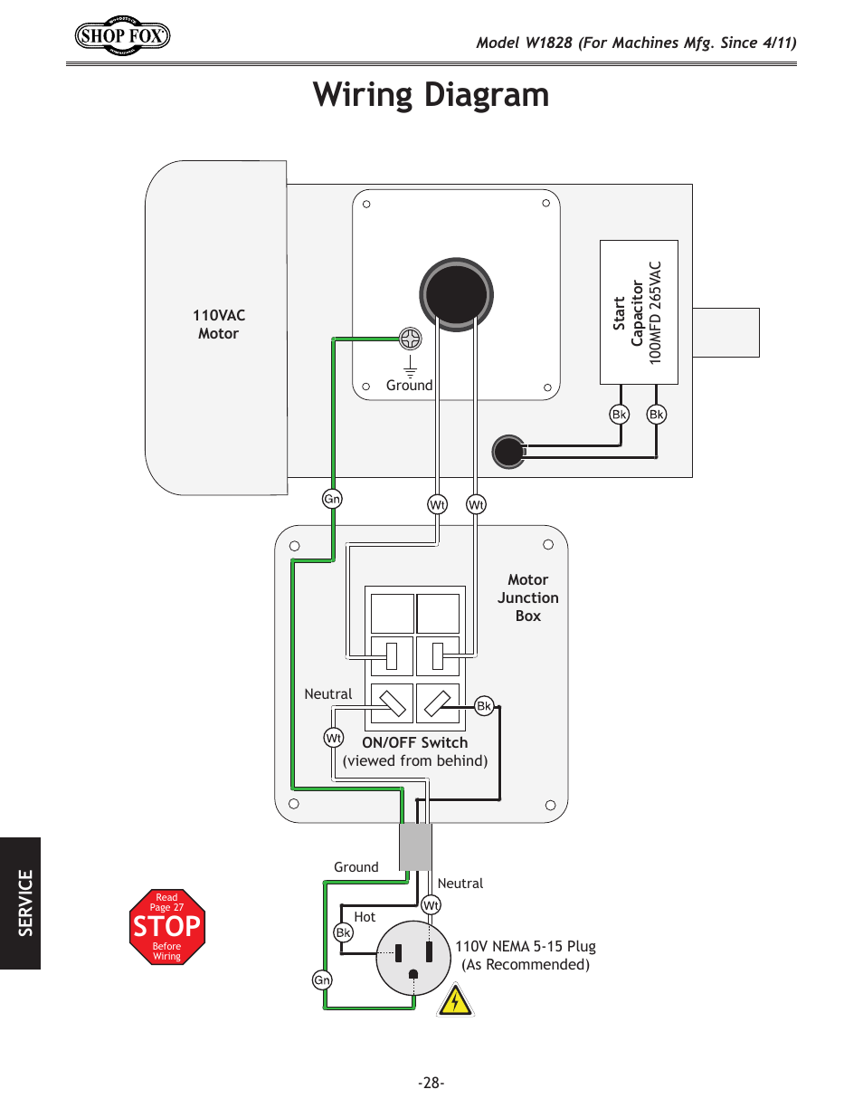 Wiring diagram, Stop | Woodstock W1828 User Manual | Page 30 / 36