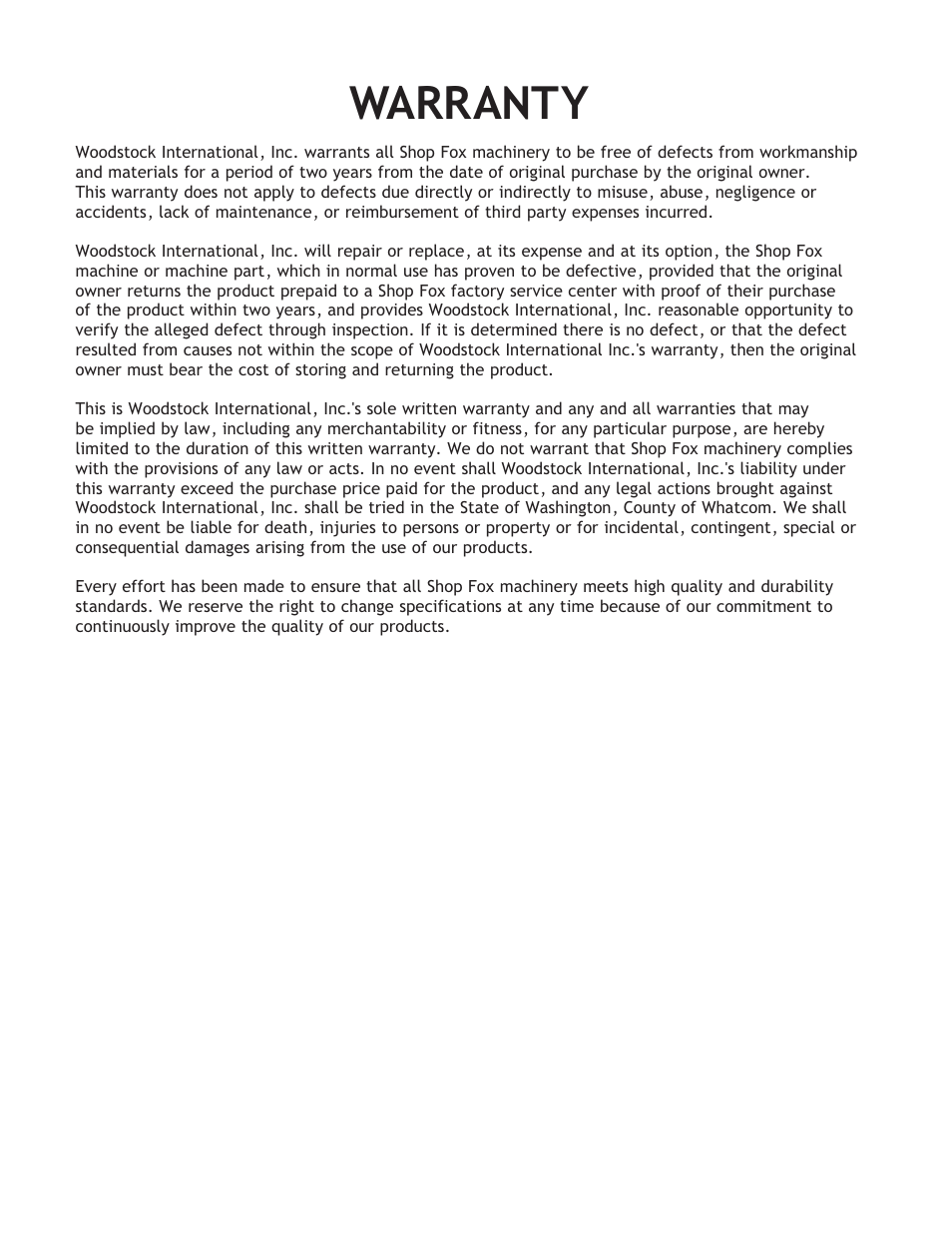 Warranty | Woodstock W1828 User Manual | Page 35 / 36