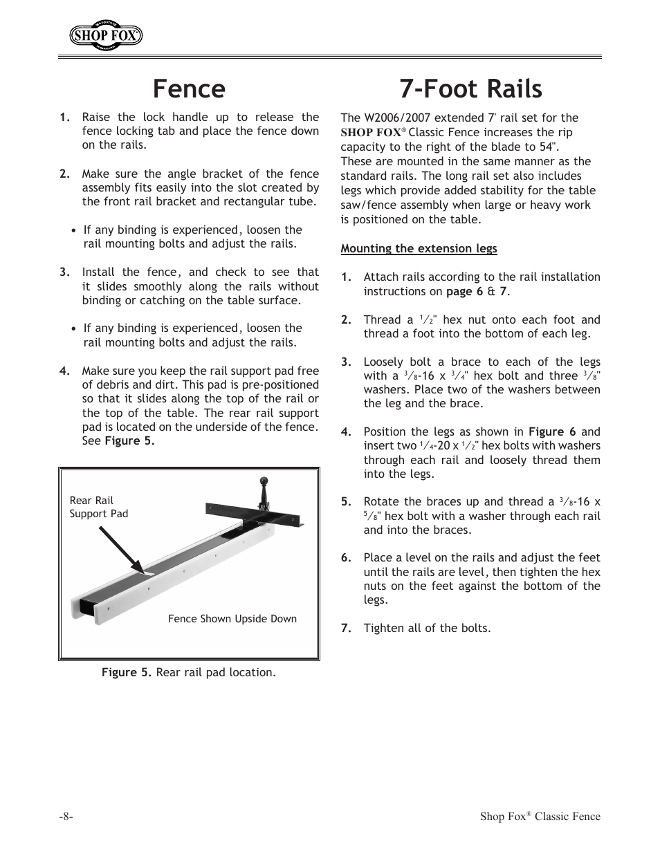 Fence, Foot rails | Woodstock International Shop Fox Classic Fence W2005 User Manual | Page 10 / 24