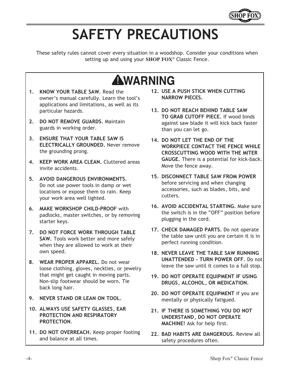 Safety precautions | Woodstock International Shop Fox Classic Fence W2005 User Manual | Page 6 / 24