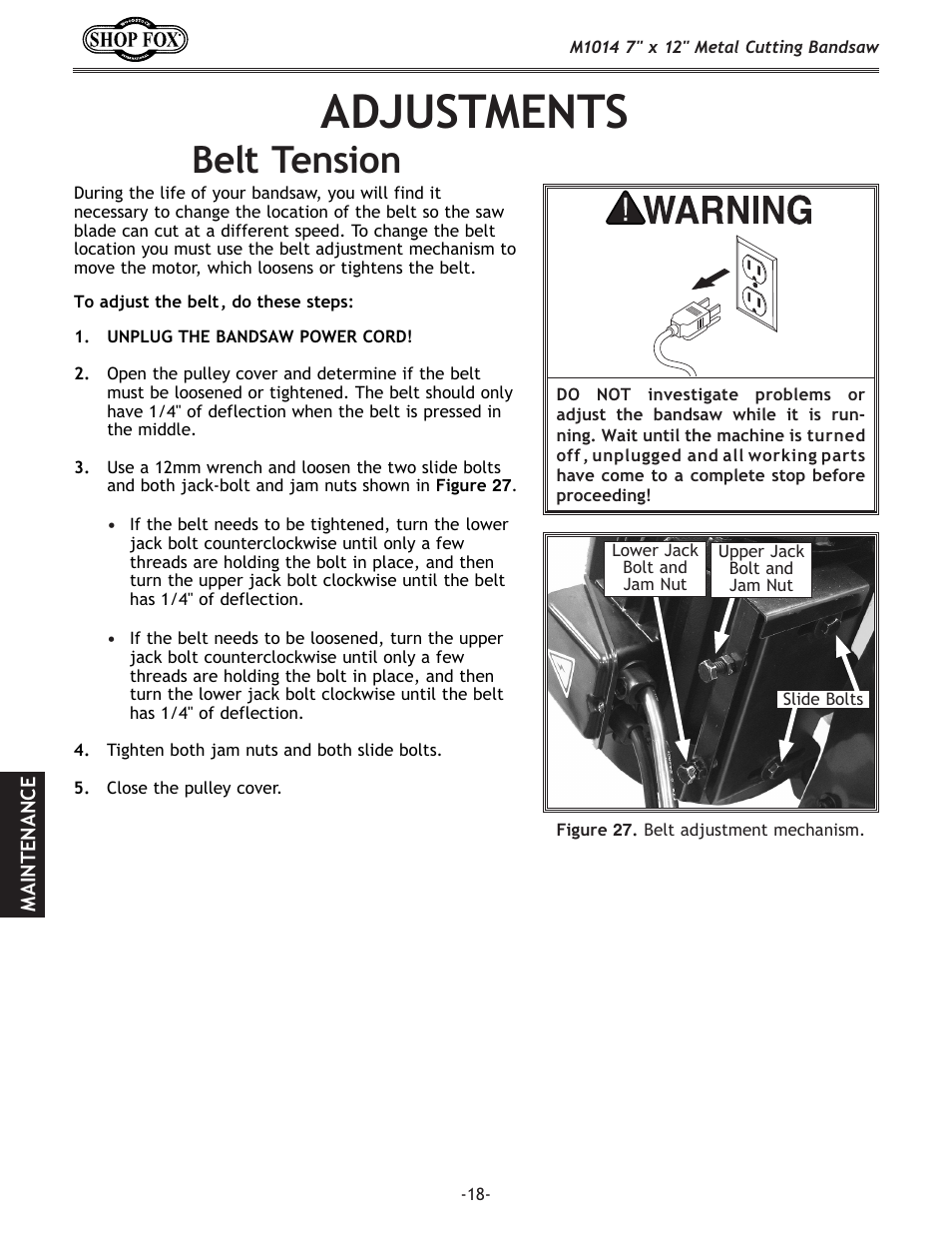 Adjustments, Belt tension | Woodstock SHOP FOX M1014 User Manual | Page 20 / 52