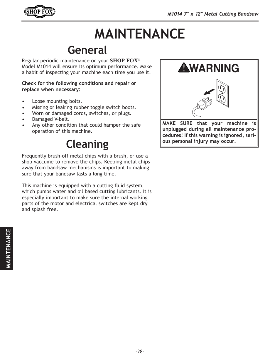 Maintenance, General, Cleaning | Cleaning general | Woodstock SHOP FOX M1014 User Manual | Page 30 / 52