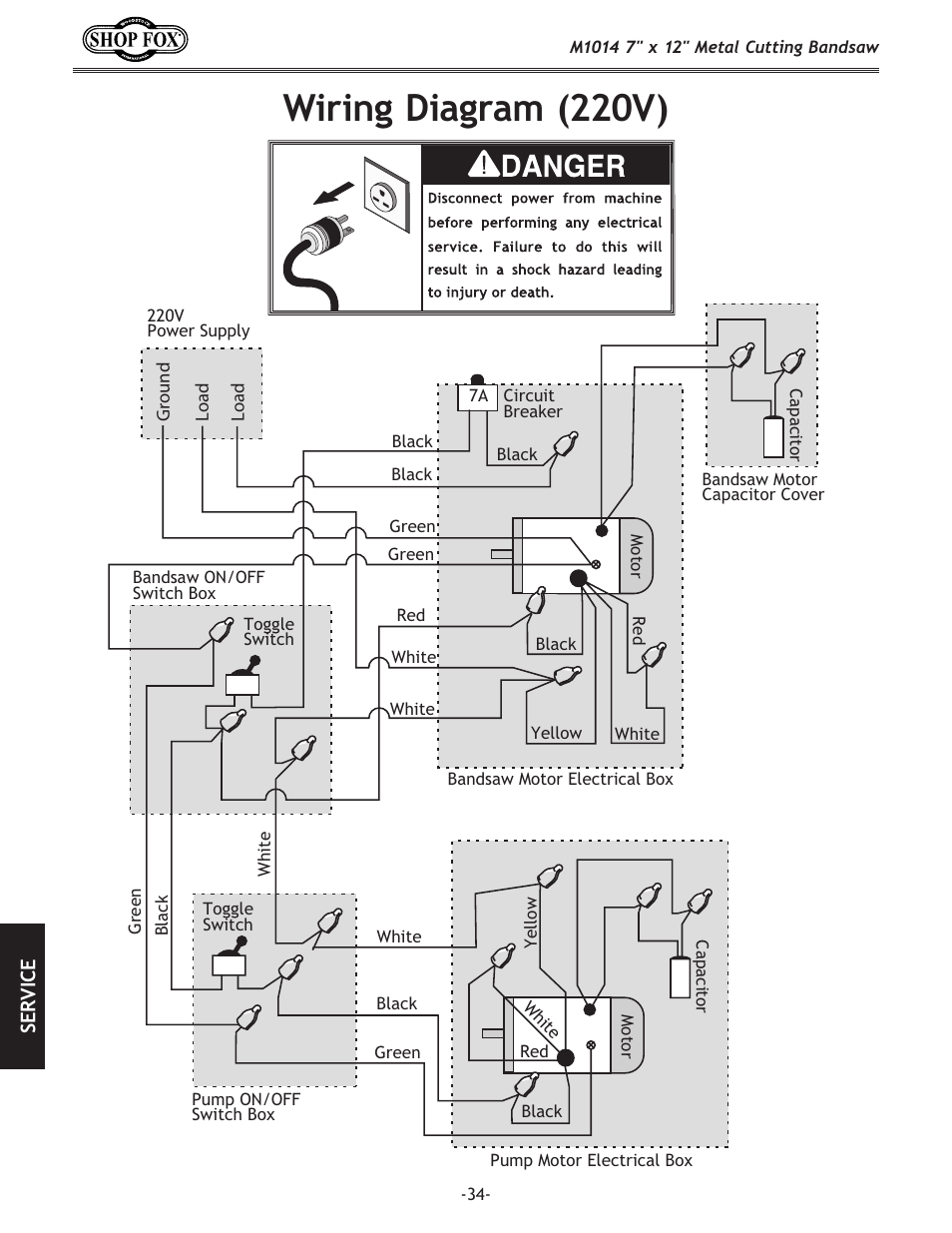 Wiring diagram (220v) | Woodstock SHOP FOX M1014 User Manual | Page 36 / 52