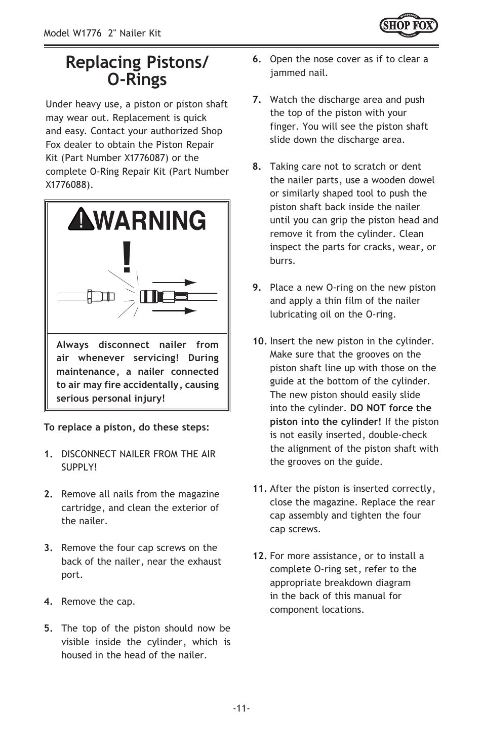 Replacing pistons/ o-rings | Woodstock W1776 User Manual | Page 13 / 20