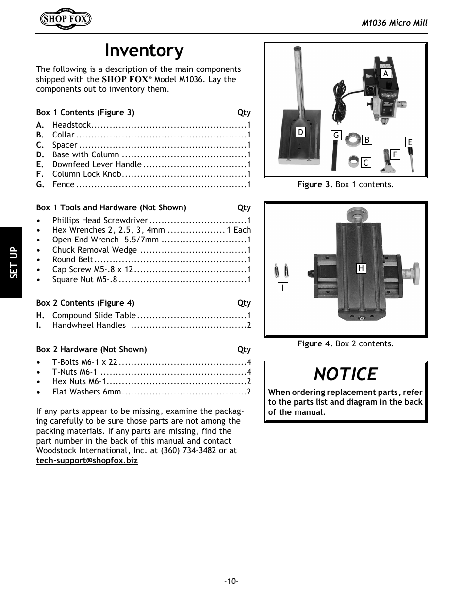 Notice, Inventory | Woodstock MICRO MILL M1036 User Manual | Page 12 / 36