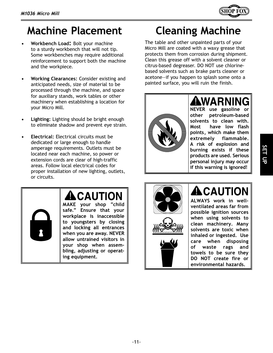 Cleaning machine, Machine placement | Woodstock MICRO MILL M1036 User Manual | Page 13 / 36