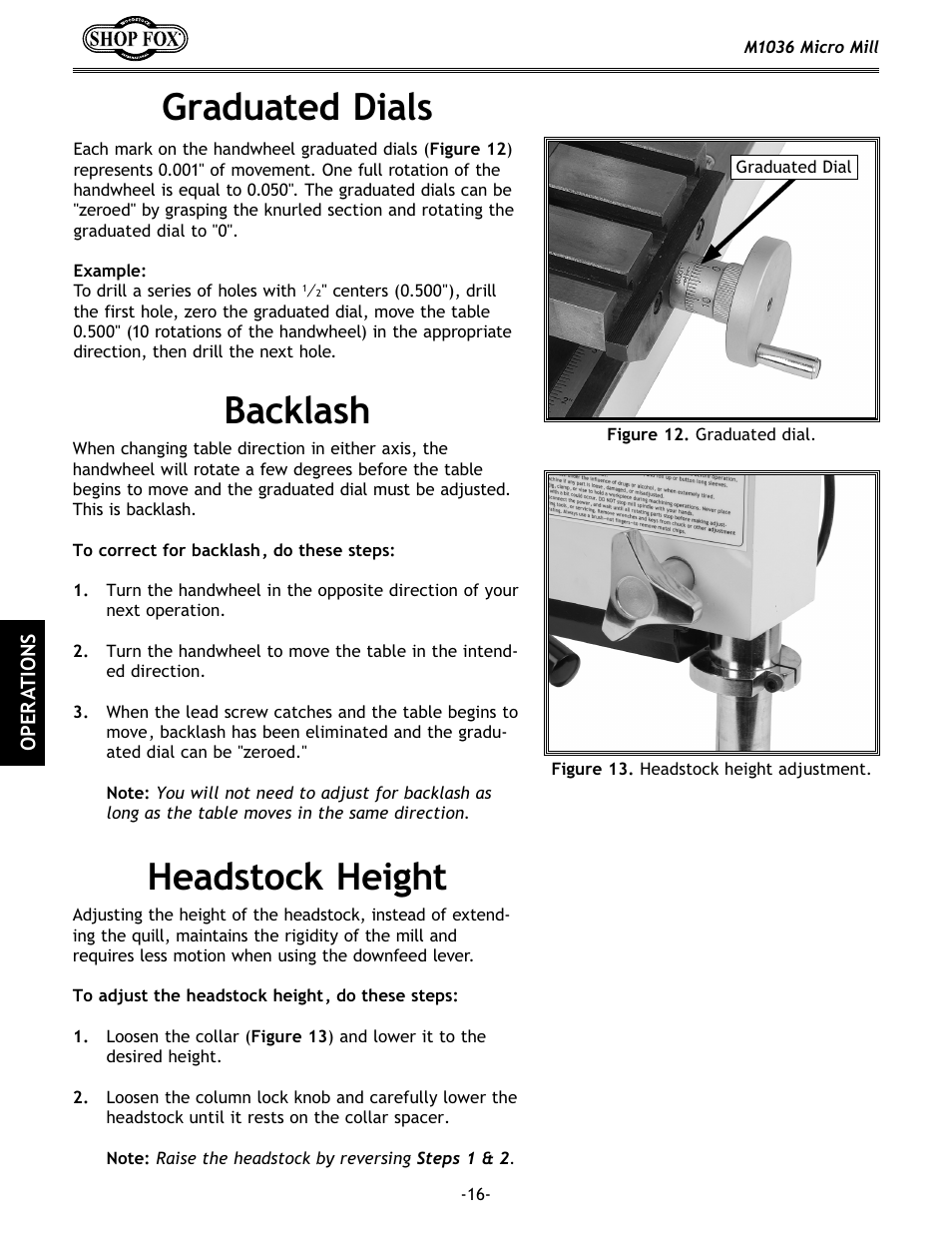 Graduated dials, Backlash, Headstock height | Woodstock MICRO MILL M1036 User Manual | Page 18 / 36